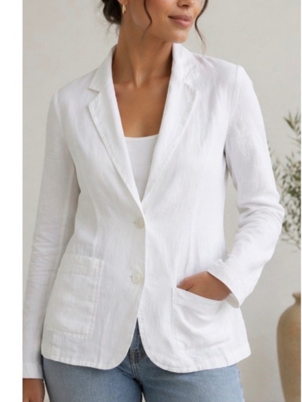 Eileen Fisher White Linen2 Button, Blazer w/Patch Pockets, Unlined Sz: XL